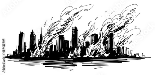 Burning city skyline sketch vector