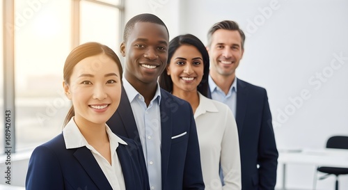 Confident diverse business team smiling, showcasing successful teamwork and collaboration in a modern office setting.