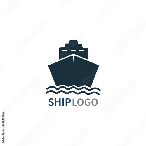 Modern minimalist dark blue cruise ship silhouette sailing on wavy water with ship logo text