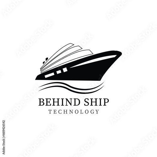 Modern cruise ship silhouette sailing on stylized waves with company name and tagline below