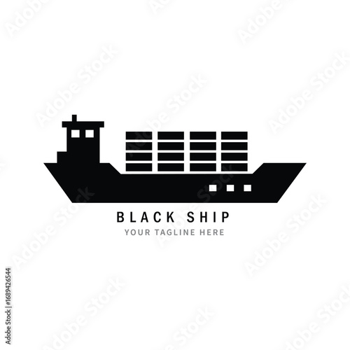 Modern cargo ship silhouette carrying containers across the sea in a minimalist black and white design