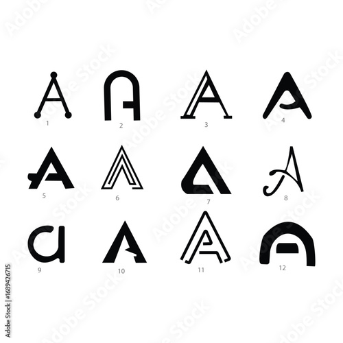 Collection of twelve unique and stylized letter a designs in black and white for branding and graphic design