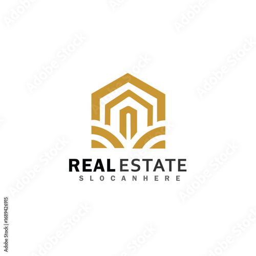 Modern geometric real estate logo design with abstract house shape and text placeholder
