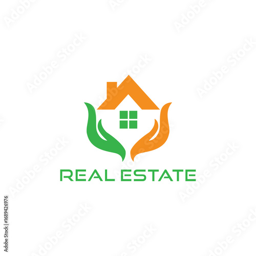 Abstract real estate logo design featuring caring hands protecting a house symbolizing home ownership and security