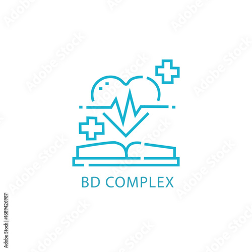 Medical education concept with open book heartbeat and cross symbols in blue outline style