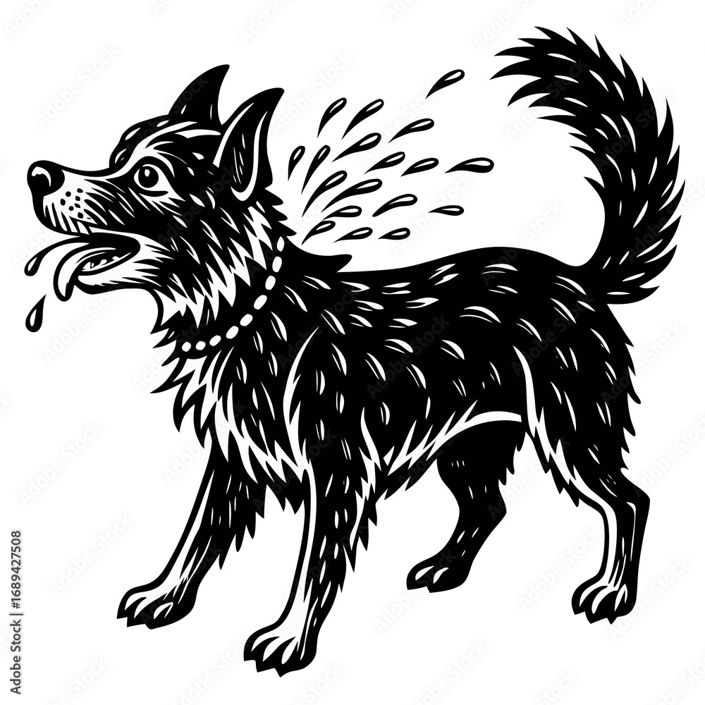 Fototapeta premium Silhouette of a dog shaking water off its fur, vector illustration of a dog