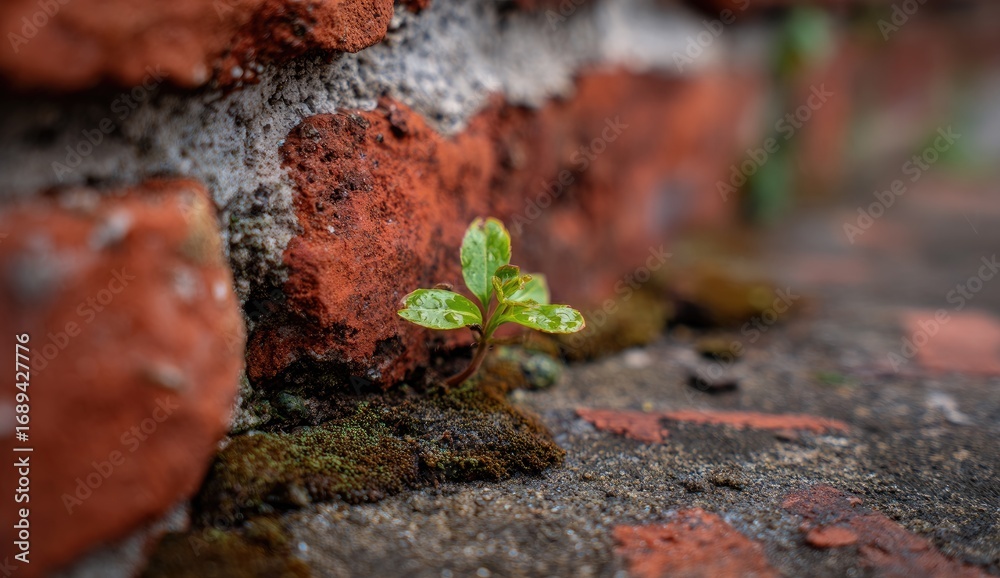 Naklejka premium Tiny sprout emerging from aged brick wall