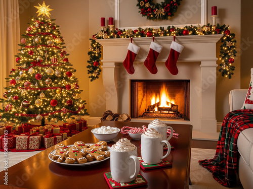 Salon chaleureux de Noël avec sapin, cheminée et gourmandises
