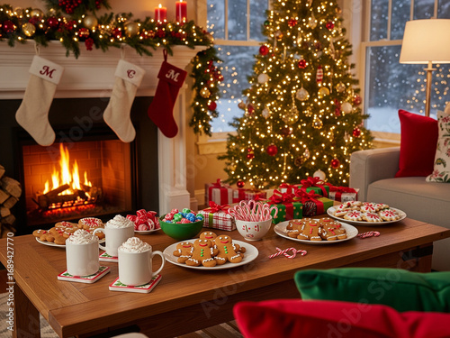 Salon chaleureux de Noël avec sapin, cheminée et gourmandises
