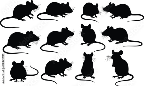 Silhouette of Mice, Mouse Vector Icons, Black Rodents Clipart, Animal Silhouettes, Cartoon Mouse Shapes, Pet Mouse Illustrations