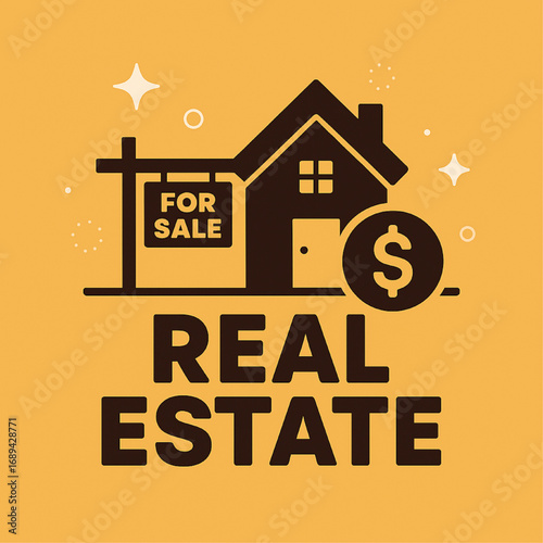 Flat Real Estate Icon – House, For Sale Sign & Dollar Symbol on Yellow Background