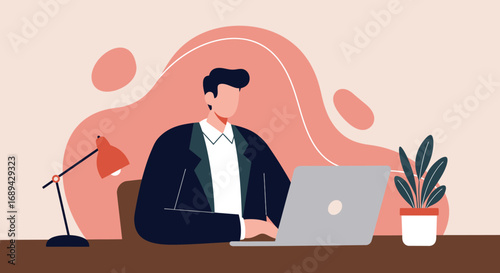 Flat design illustration of a professional man working productively on his laptop at a modern desk. Ideal for business, technology, and remote work concepts.