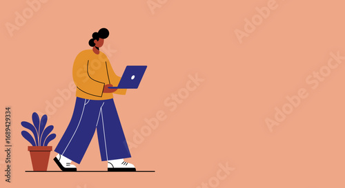 Person walking and working on a laptop, symbolizing remote work, flexible lifestyle, productivity, and modern business. Ideal for technology, education, or freelance concepts.