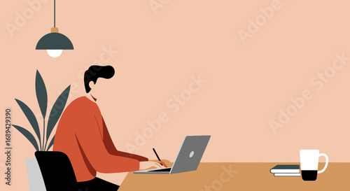 Professional man working remotely on his laptop from home, embodying modern productivity, freelance work, and flexible business solutions. Ideal for telecommuting and online learning concepts.