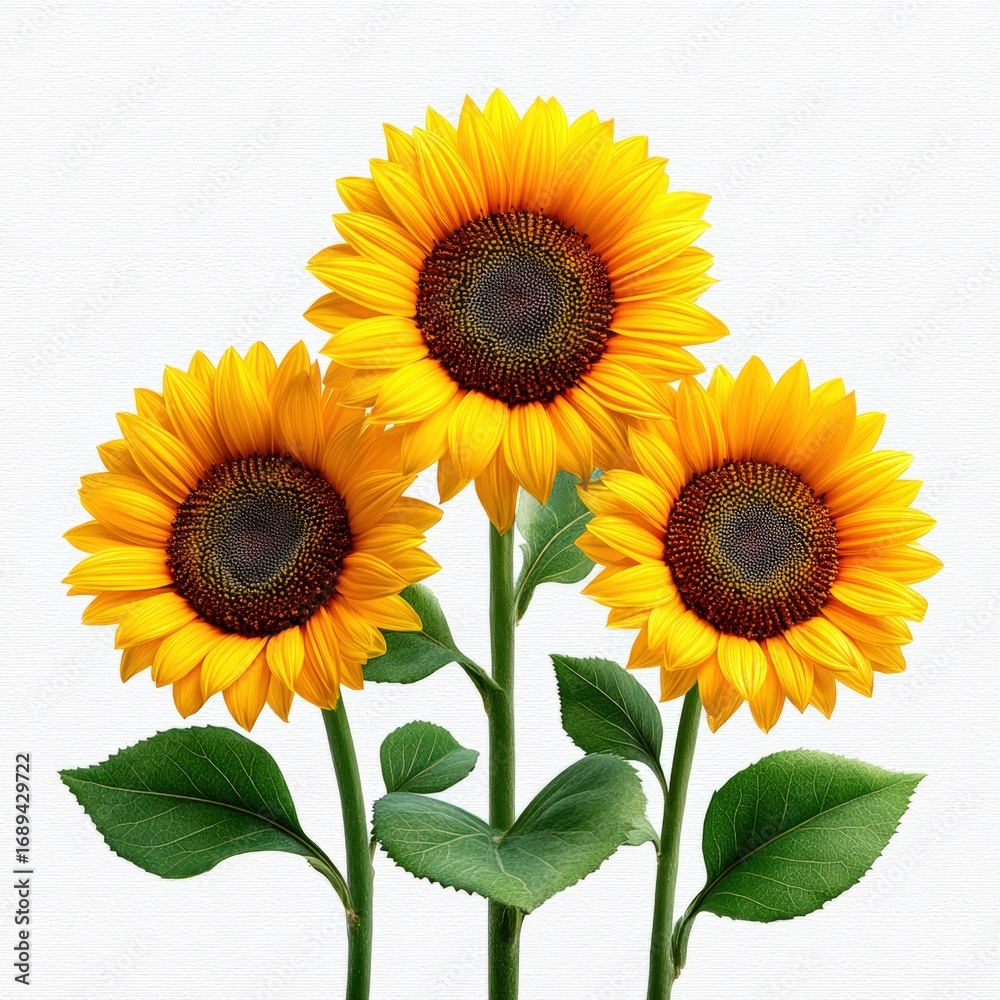 Fototapeta premium Bright Sunflowers with Green Leaves Against a Light Background