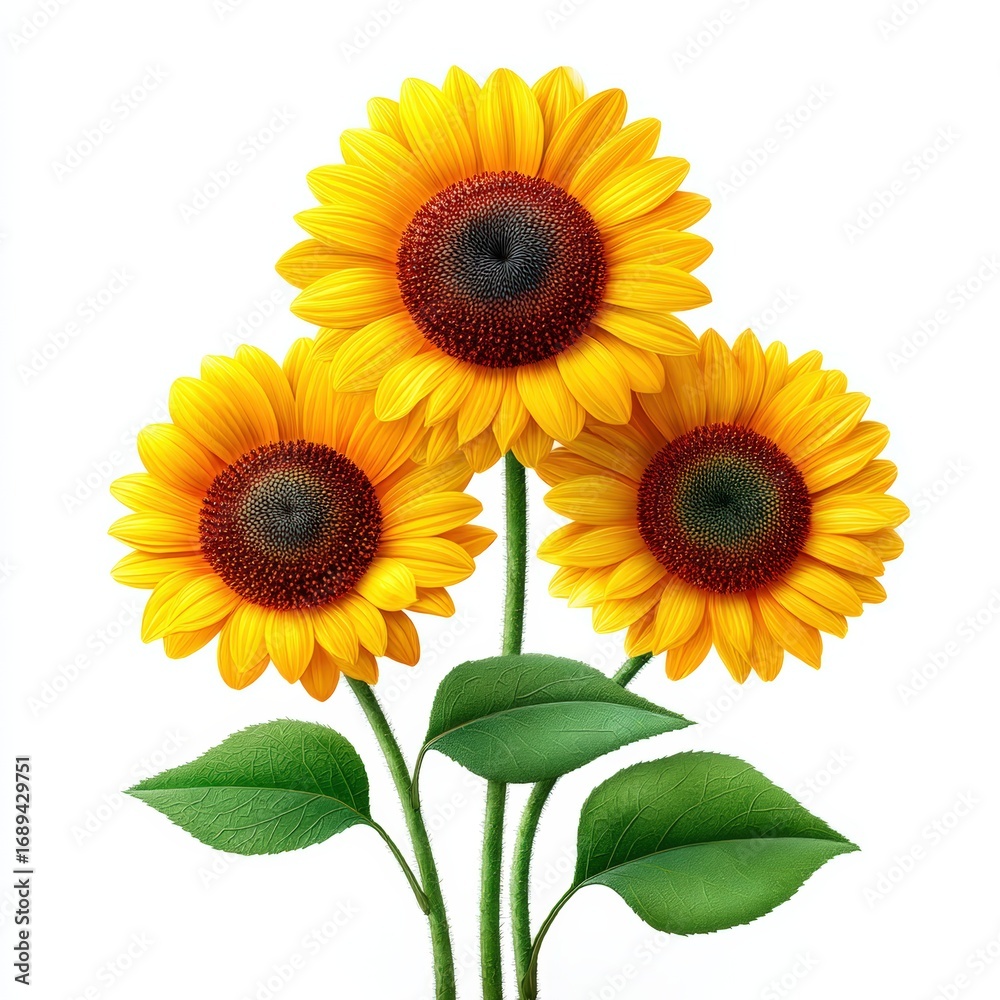 Obraz premium Bright Sunflowers with Green Leaves on a White Background