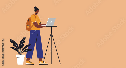 Young woman with backpack working on a laptop on a stand, next to a plant. Represents remote work, freelance, digital nomad lifestyle, online education, and modern productivity.