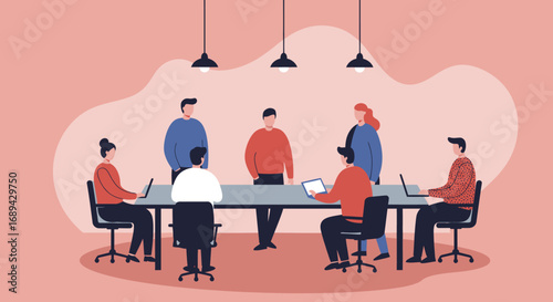 Diverse business team collaborating in a modern office meeting room. Professionals discussing strategy and ideas, representing teamwork and corporate growth.