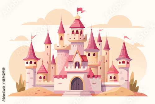 Whimsical Fairytale Castle Illustration with a Cute Cat