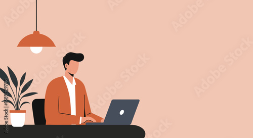 Young man working efficiently on his laptop in a modern, minimalist workspace. Ideal for business, remote work, education, or technology concepts.