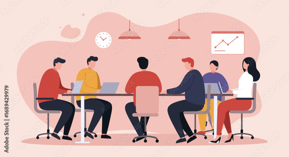 Obraz premium Diverse business team collaborating in a modern office meeting room, discussing strategy and analyzing growth. Perfect for corporate communication, teamwork, and professional development.