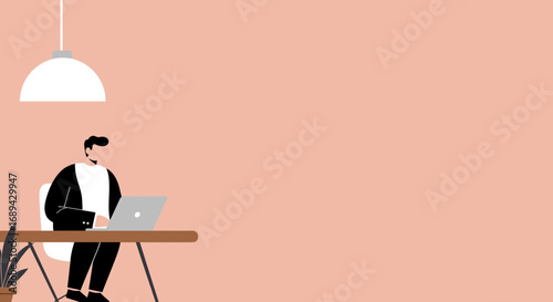 Man working on laptop at a desk in a modern office setting. Represents remote work, productivity, and digital lifestyle.