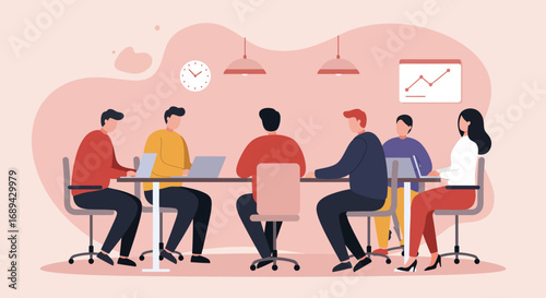 Diverse business team collaborating in a modern office meeting room, discussing strategy and analyzing growth. Perfect for corporate communication, teamwork, and professional development.