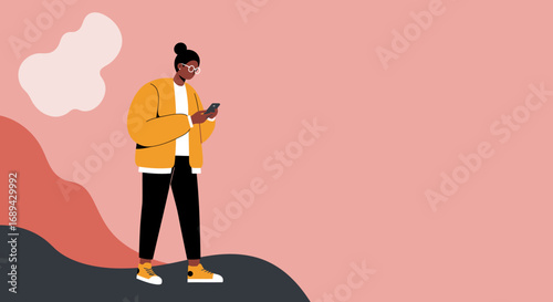 A young person uses a smartphone against a modern, minimalist background. Ideal for technology, social media, communication, digital lifestyle, or online learning concepts.