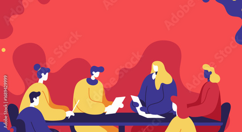 Diverse team of professionals collaborating around a table in a modern, vibrant office setting. Ideal for business, teamwork, meeting, and innovation concepts.
