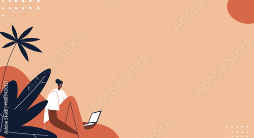 Woman working on laptop in a relaxed, natural setting. Represents remote work, freelance, and a modern digital lifestyle or learning.