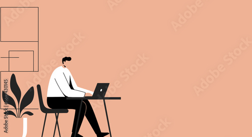 A focused man diligently works on his laptop at a minimalist desk with a plant, representing modern remote work, productivity, and digital lifestyle.