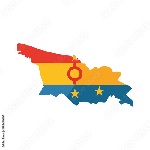 Map of fictional country with geometric symbols, red, yellow and blue color block design on a dark background