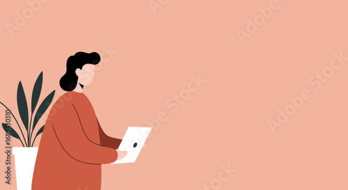 Person focused on a digital tablet or laptop, symbolizing remote work, online education, and modern digital lifestyle in a clean setting.