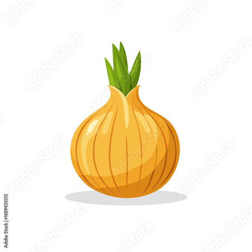 Illustration of a whole yellow onion bulb with green sprouts on a plain black background.