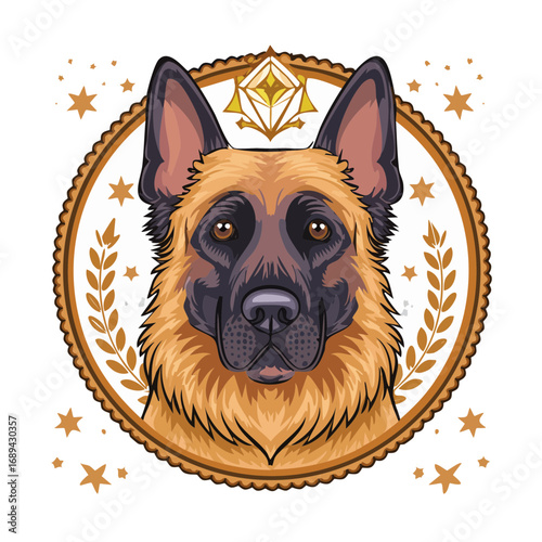 Dog portrait illustration. German shepherd head in round golden laurel frame with stars and a jewel on top.