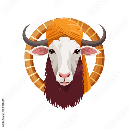 Cartoon illustration of a yak wearing a turban against a circular background.