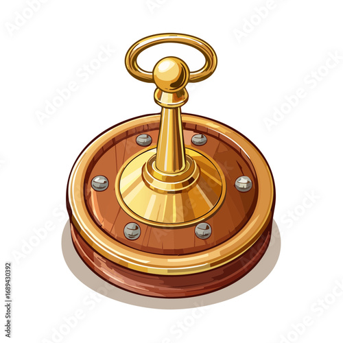 Cartoon lever switch with golden handle and wooden base for activation or steampunk technology