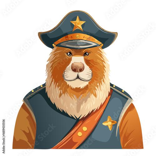 Cartoon bear officer portrait with military uniform and hat against black backdrop
