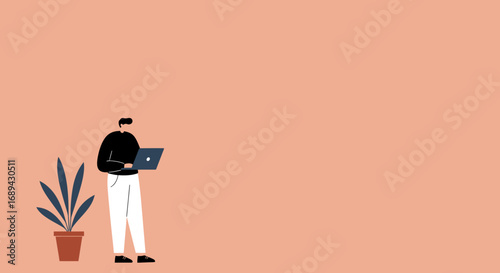 Minimalist illustration of a person standing while working on a laptop, accompanied by a potted plant. Ideal for business, remote work, technology, or modern lifestyle themes.