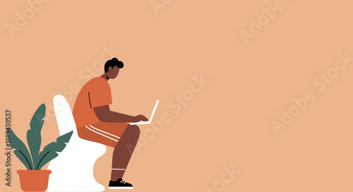 Man sitting on a toilet using a laptop, illustrating remote work, multitasking, or a digital nomad lifestyle with humor.