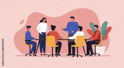 Diverse business team collaborating in a modern office meeting, discussing ideas and working together. Ideal for showcasing teamwork, innovation, and a positive workplace environment.