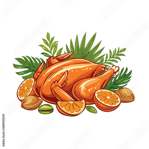 Roasted chicken with citrus and leaves for Thanksgiving or holiday meals Festive culinary dish for family gatherings and special occasions