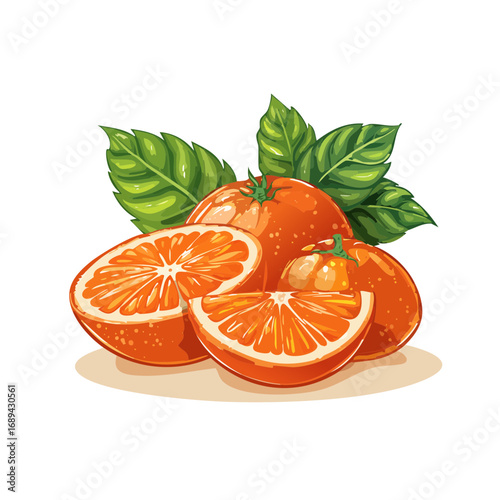 Vibrant orange fruits with leaves arrangement Half slice and whole oranges vector illustration Fresh healthy food composition