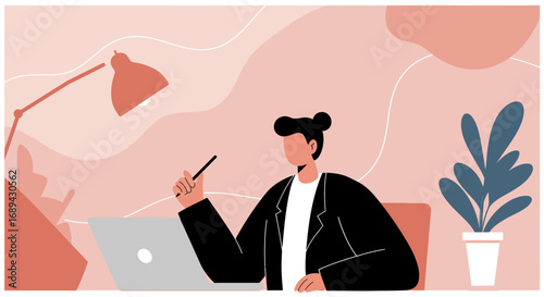 Focused person working on laptop at a minimalist home office desk. Ideal for business, remote work, or creative design concepts.