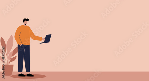 Young man working remotely on his laptop, ideal for digital business, online education, and modern lifestyle concepts.
