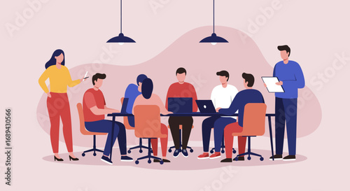 Diverse team collaborating in a modern office meeting, discussing ideas and planning projects. Ideal for business, teamwork, and corporate communication concepts.