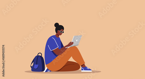 Casual young woman sitting on the floor, focused on her laptop with a backpack nearby. Ideal for concepts of remote work, online learning, or a relaxed digital lifestyle.
