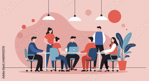 Diverse team of professionals collaborating in a modern office meeting, fostering ideas and productivity. Ideal for business, teamwork, and startup concepts.