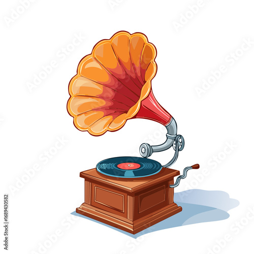 Vintage Phonograph Illustration with a Wood Base and Classic Horn Speaker Playing Vinyl Record