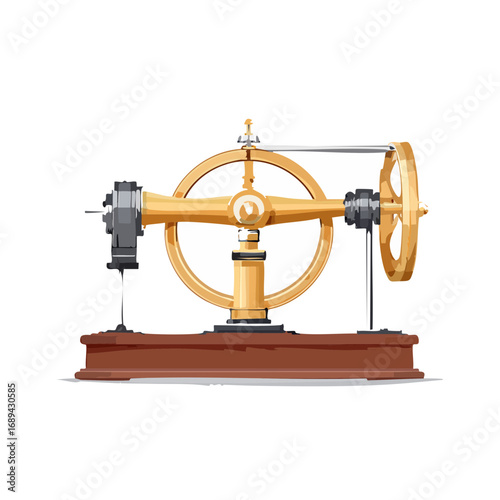 Antique mechanical device vintage illustration golden gears on stand ancient machine drawing isolated industrial art